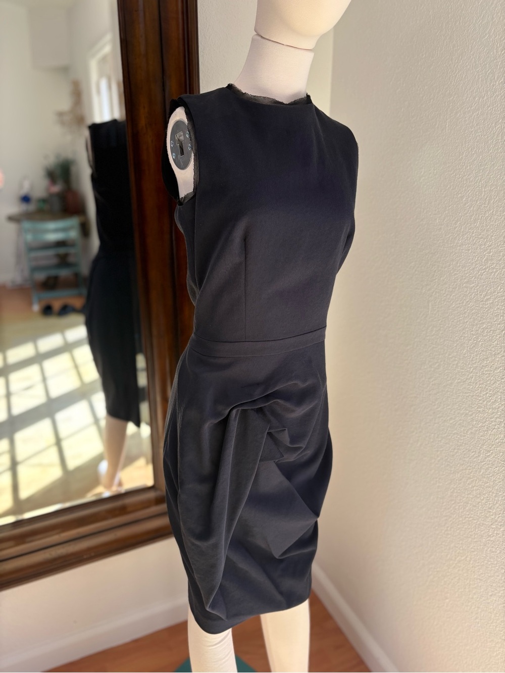 Sonia Rykiel Black Sleeveless Midi Dress with Draped Tulip Skirt